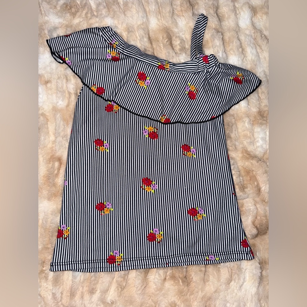 Girls Striped One-Shoulder Floral Ruffle Top - Black & White